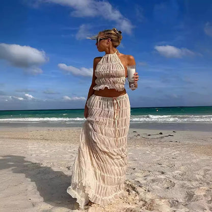 Women's Halter Crop Top and Pleated Maxi Skirt Set (photo 19)