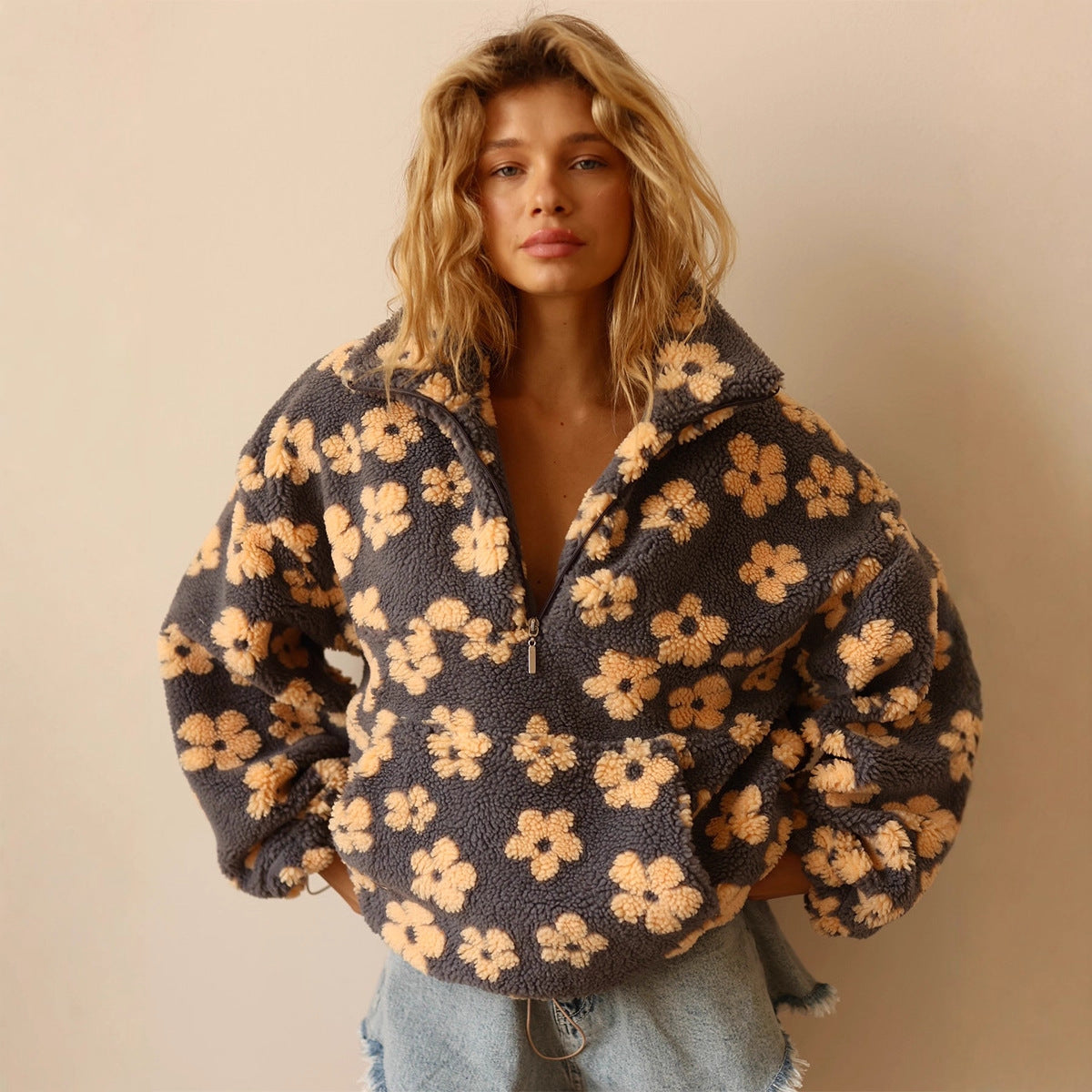 Women's Floral Fleece Zip Lapel Pullover with Big Pocket (photo 10)