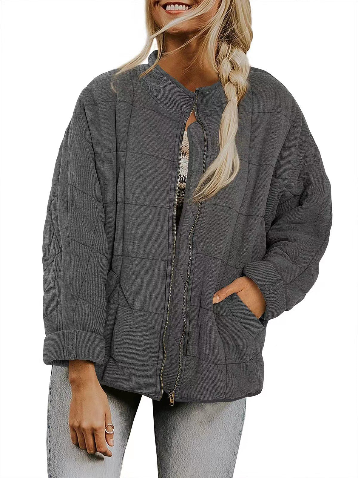 Women's Zip-Up Stand-Collar Jacket with Pockets (photo 14)