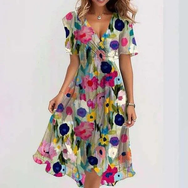 Women's Printed Chiffon V-Neck Short-Sleeve Dress (photo 2)