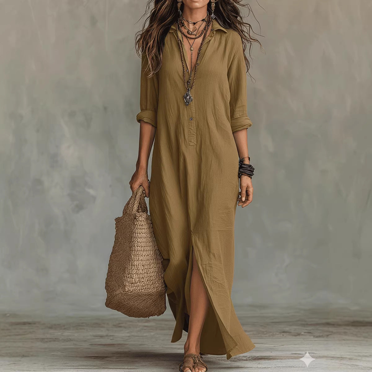 Women's Lapel-Collar Shirt Dress with Side Slit (photo 8)