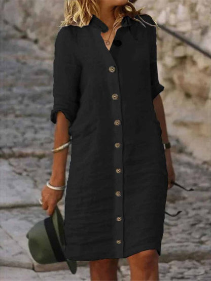 Women's Half-Sleeve V-Neck Button-Front Shirt Dress (photo 9)
