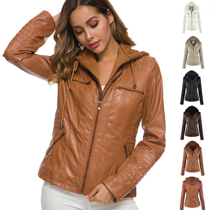 Women's PU Leather Jacket with Detachable Hood