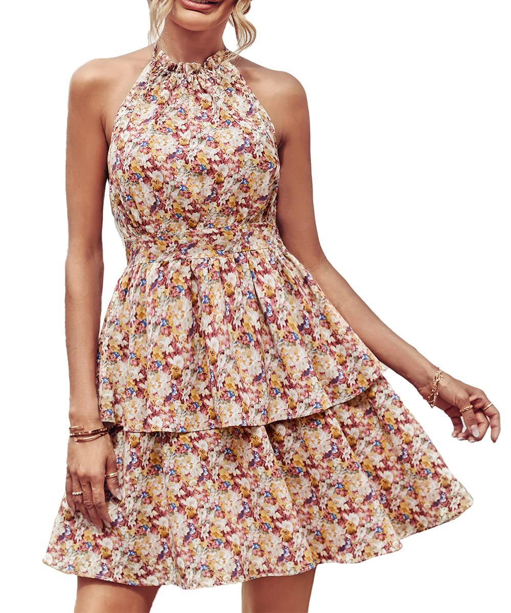 Women's Printed Halter Backless Ruffle Dress (photo 8)