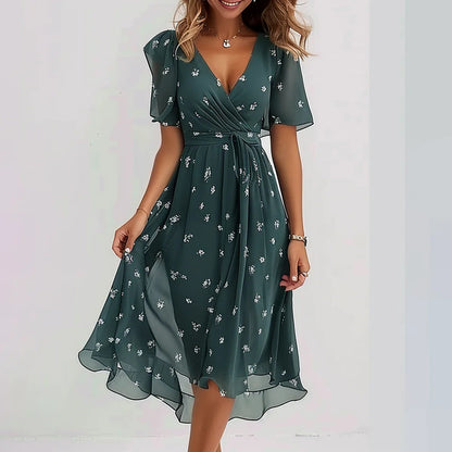 Women's Printed Chiffon V-Neck Short-Sleeve Dress (photo 6)
