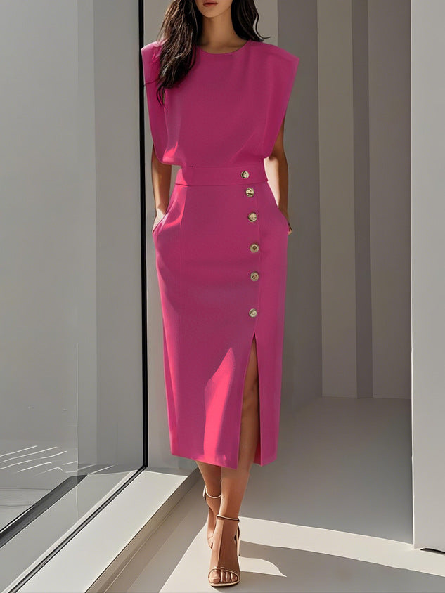 Women's Sleeveless Button-Front Midi Dress with Slit (photo 4)