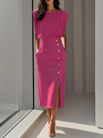 Women's Sleeveless Button-Front Midi Dress with Slit (photo 4)