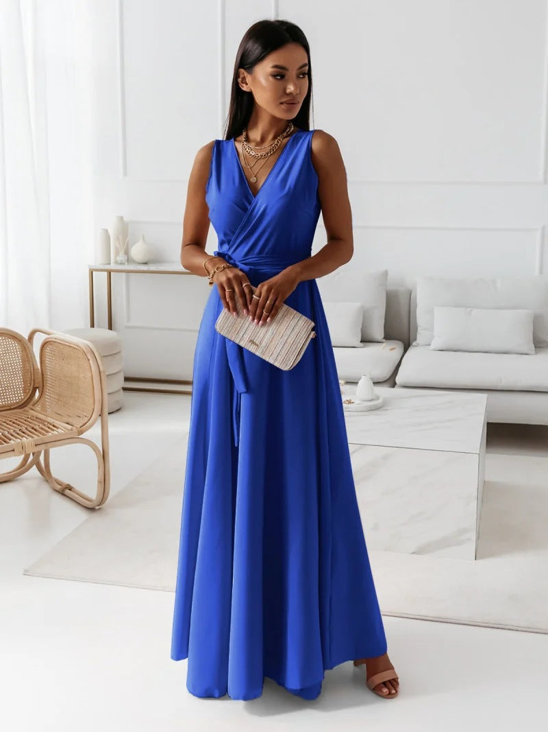 Women's V-Neck Sleeveless Maxi Dress with Belt (photo 11)