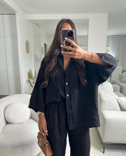 Women's Long-Sleeve Pocket Shirt and Wide-Leg Pants Set (photo 24)