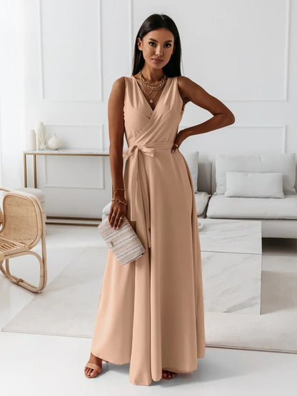 Women's V-Neck Sleeveless Maxi Dress with Belt (photo 9)
