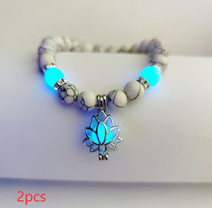 Glow-in-the-Dark Lotus Charm Beaded Bracelet – G, 2-Pack