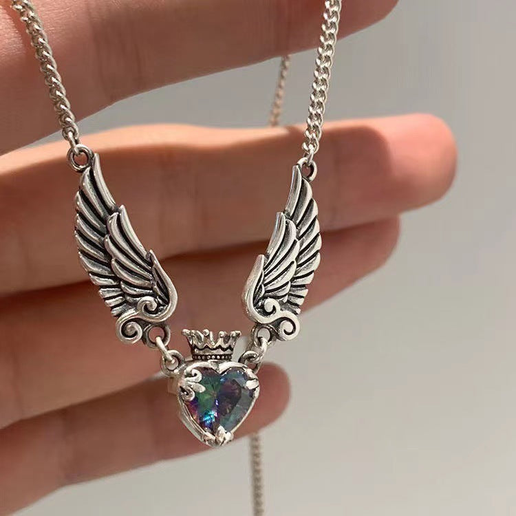 Gothic Heart Crown Angel Wings Pendant Necklace (photo 5)