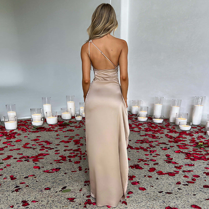 Women's One-Shoulder Satin Dress with Slit (photo 3)
