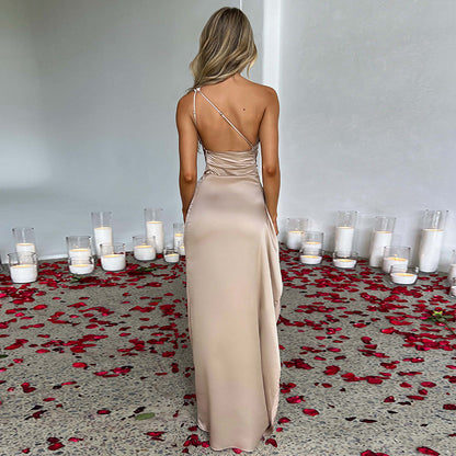Women's One-Shoulder Satin Dress with Slit (photo 3)