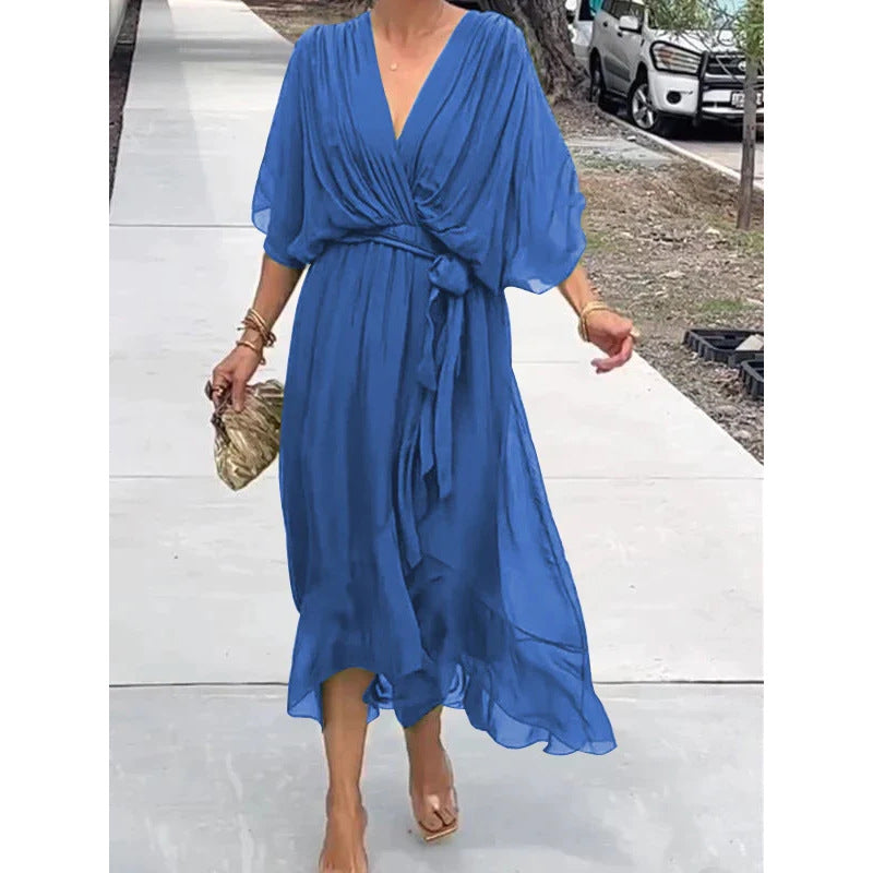 Women's Batwing-Sleeve V-Neck Tie-Waist Midi Dress (photo 13)
