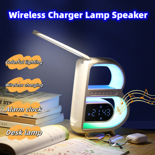 B-Shaped Bluetooth Speaker with Lamp, Alarm Clock and Wireless Charger