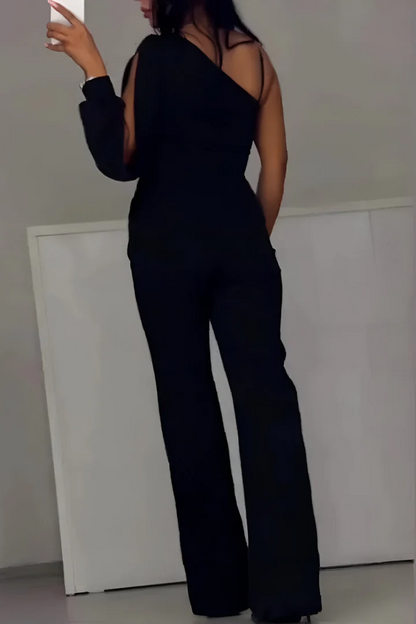 Side view of the black one-shoulder jumpsuit with wide legs