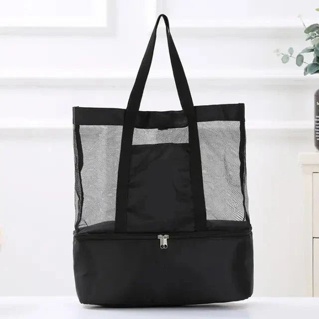 Black mesh tote bag with a zippered bottom compartment, front view