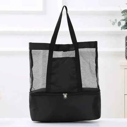 Black mesh tote bag with a zippered bottom compartment, front view