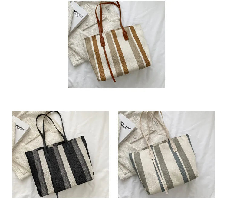 The striped canvas tote in three colorways: brown, black and gray