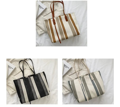 The striped canvas tote in three colorways: brown, black and gray