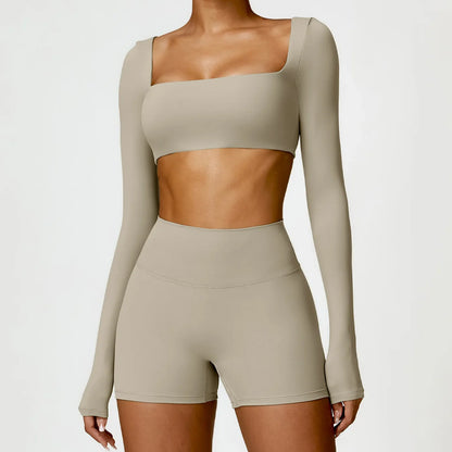 Beige long-sleeve square-neck crop top and high-waist shorts training set