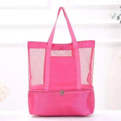 Pink mesh tote bag with a zippered bottom compartment, front view