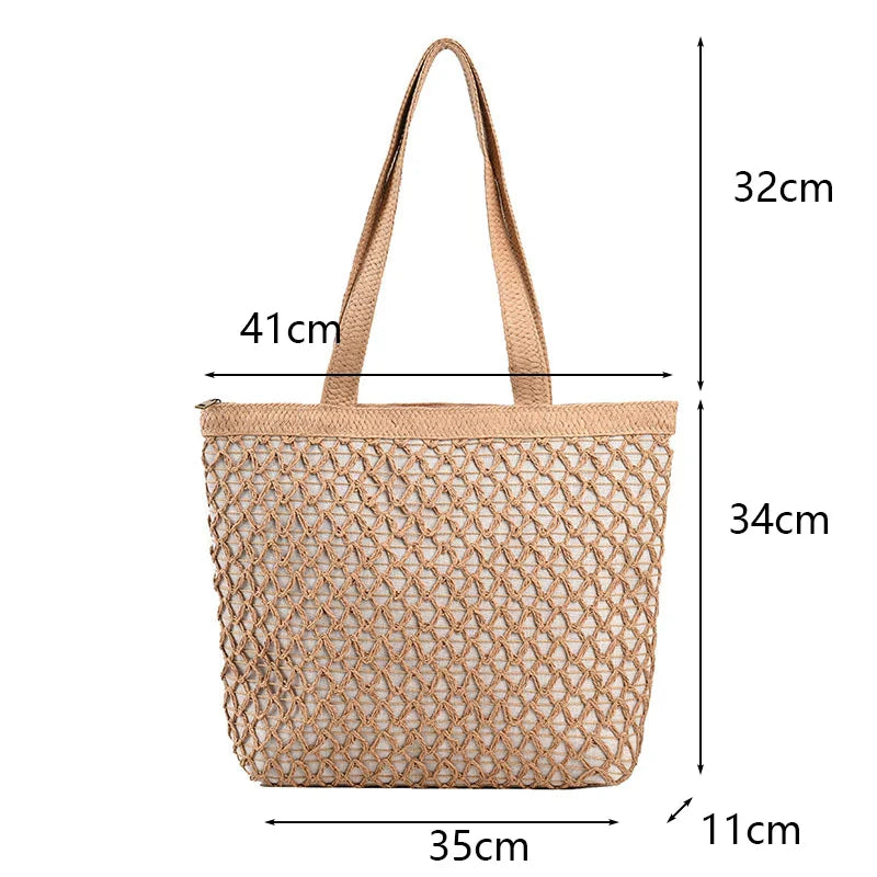 Size chart of the beige woven tote: 41 cm top width, 35 cm base, 34 cm high, 11 cm deep, 32 cm handle drop