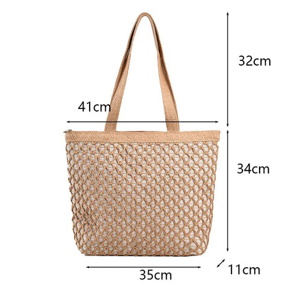 Size chart of the beige woven tote: 41 cm top width, 35 cm base, 34 cm high, 11 cm deep, 32 cm handle drop