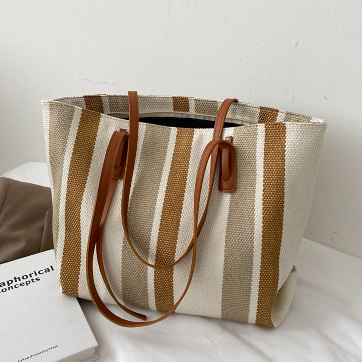 Brown and cream striped canvas tote with brown faux leather handles