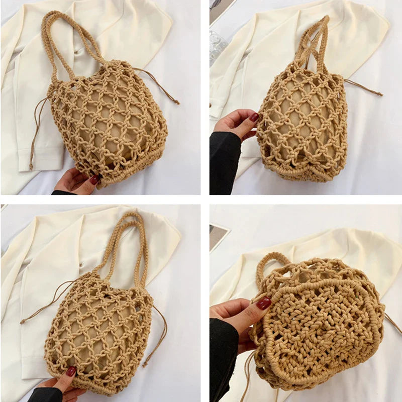 Four views of the tan knotted-rope beach bag from different angles