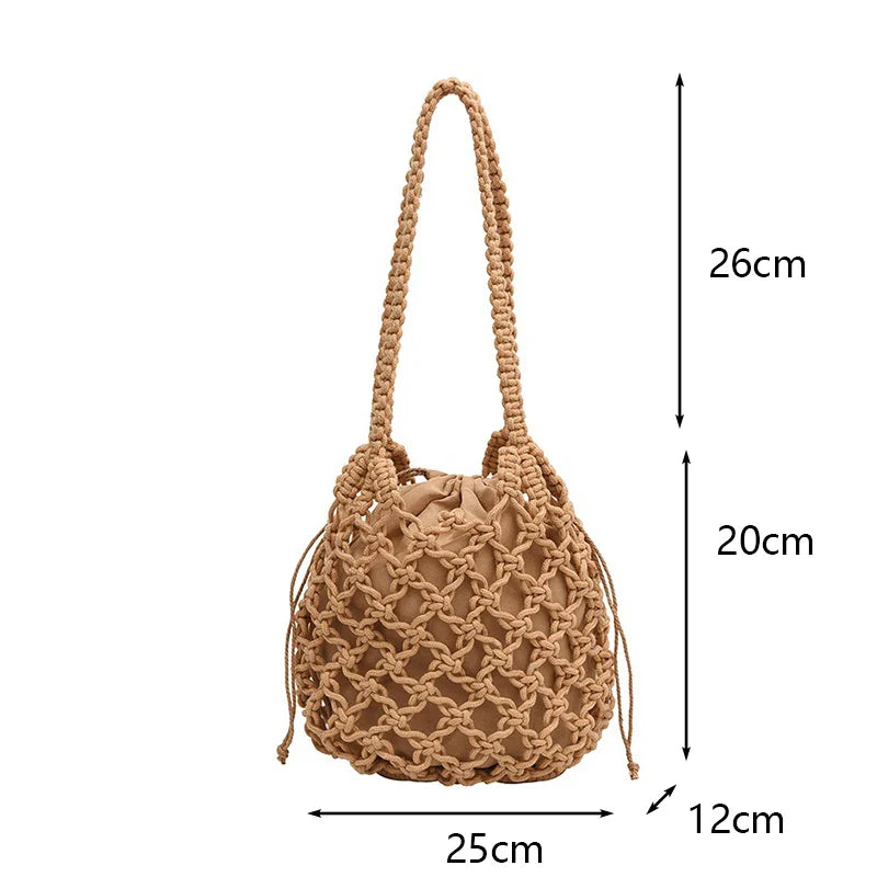 Size chart of the knotted-rope bag: 25 cm wide, 20 cm high, 12 cm deep, 26 cm handle drop