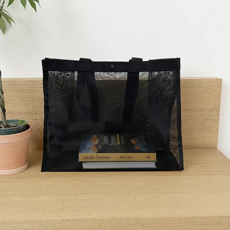 Black sheer mesh bag with books visible inside, front view