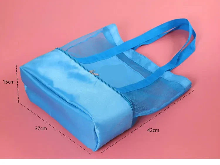 Blue mesh tote bag with dimension labels of 42 cm, 37 cm and 15 cm