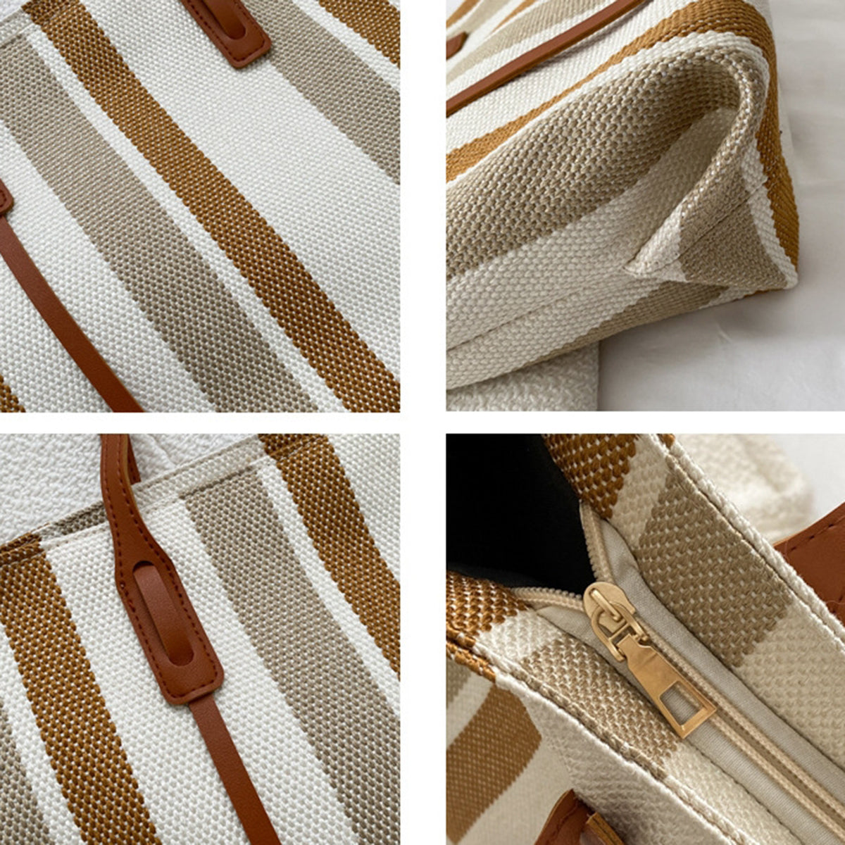 Detail views of the brown striped canvas tote: woven fabric, handle attachments and zipper closure