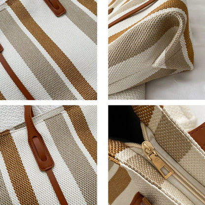 Detail views of the brown striped canvas tote: woven fabric, handle attachments and zipper closure