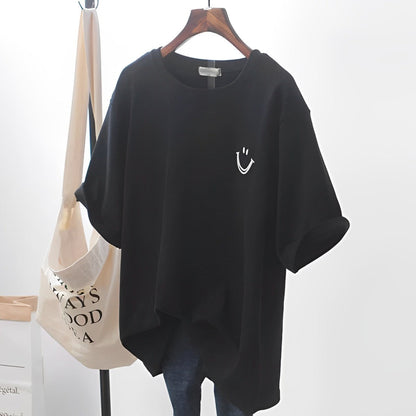 Black oversized T-shirt with an embroidered smile face, shown on a hanger