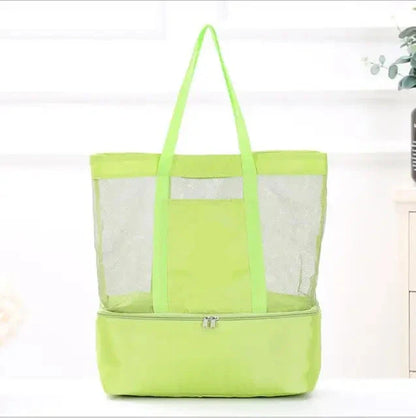 Lime green mesh tote bag with a zippered bottom compartment, front view