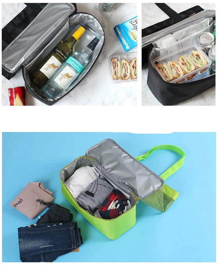 Open insulated bottom compartment holding bottles and sandwiches, and a lime green version holding clothes