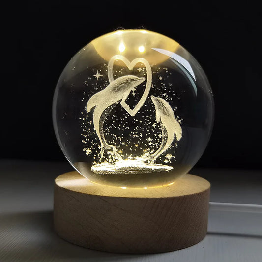 Crystal ball night light with two dolphins and a heart inside, glowing warm white on a wooden base
