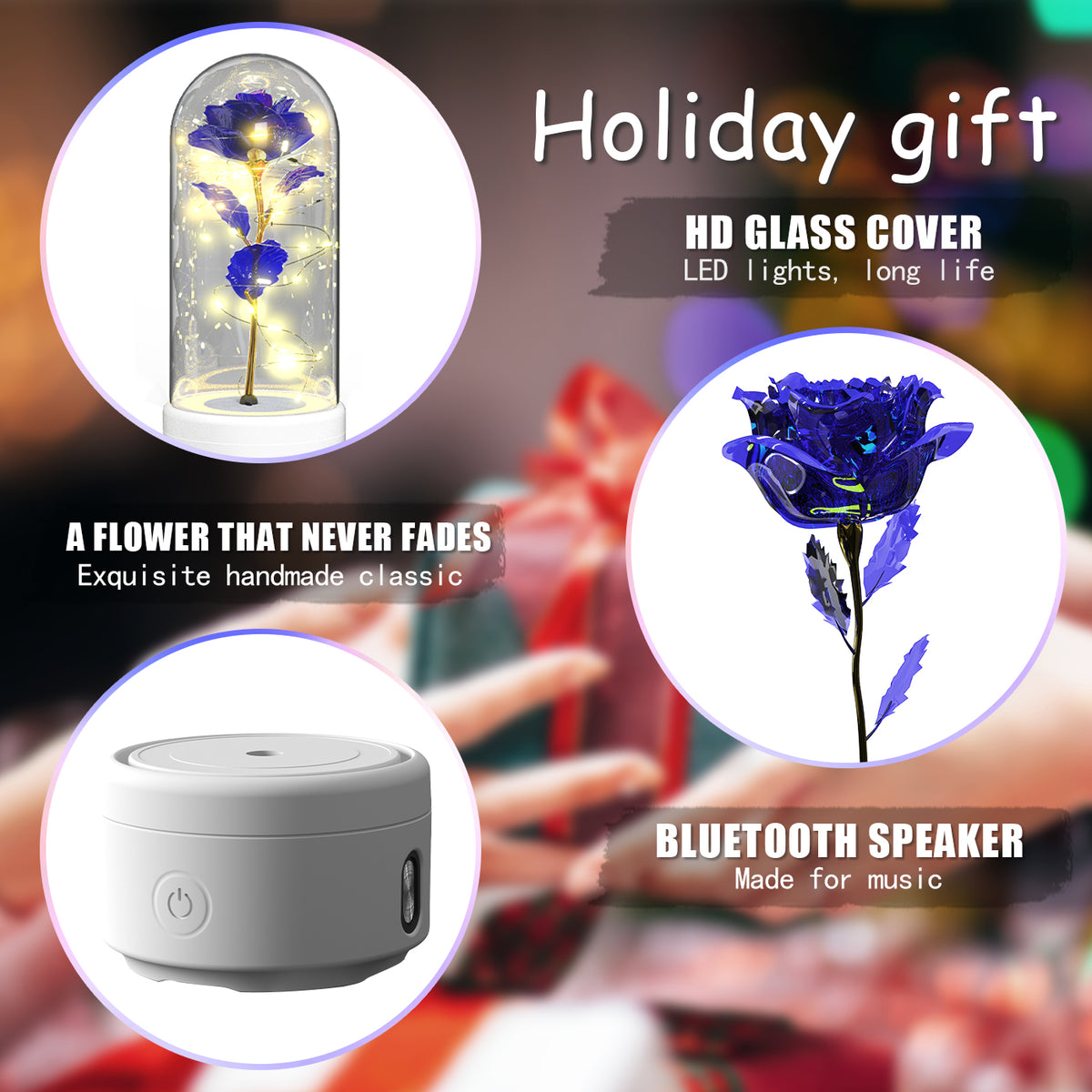 Preserved Rose LED Light and Bluetooth Speaker in Glass Dome (photo 2)