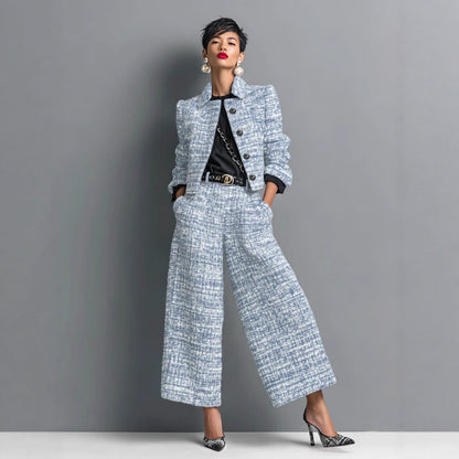 Women's Plaid Cropped Blazer and Wide-Leg Pants Set (photo 4)
