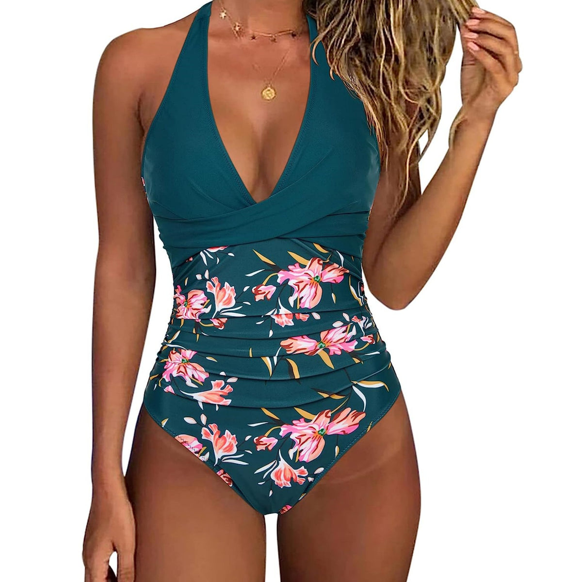 Women's V-Neck One-Piece Swimsuit, Prints and Solid Colors (photo 4)