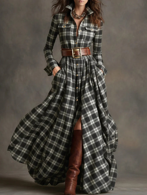 Women's Plaid Long-Sleeve Shirt Dress with Pockets (photo 23)