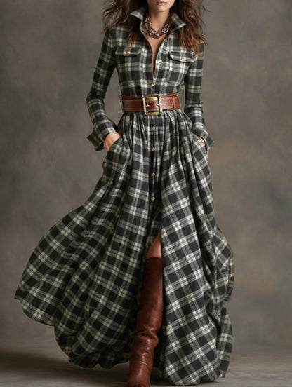 Women's Plaid Long-Sleeve Shirt Dress with Pockets (photo 23)