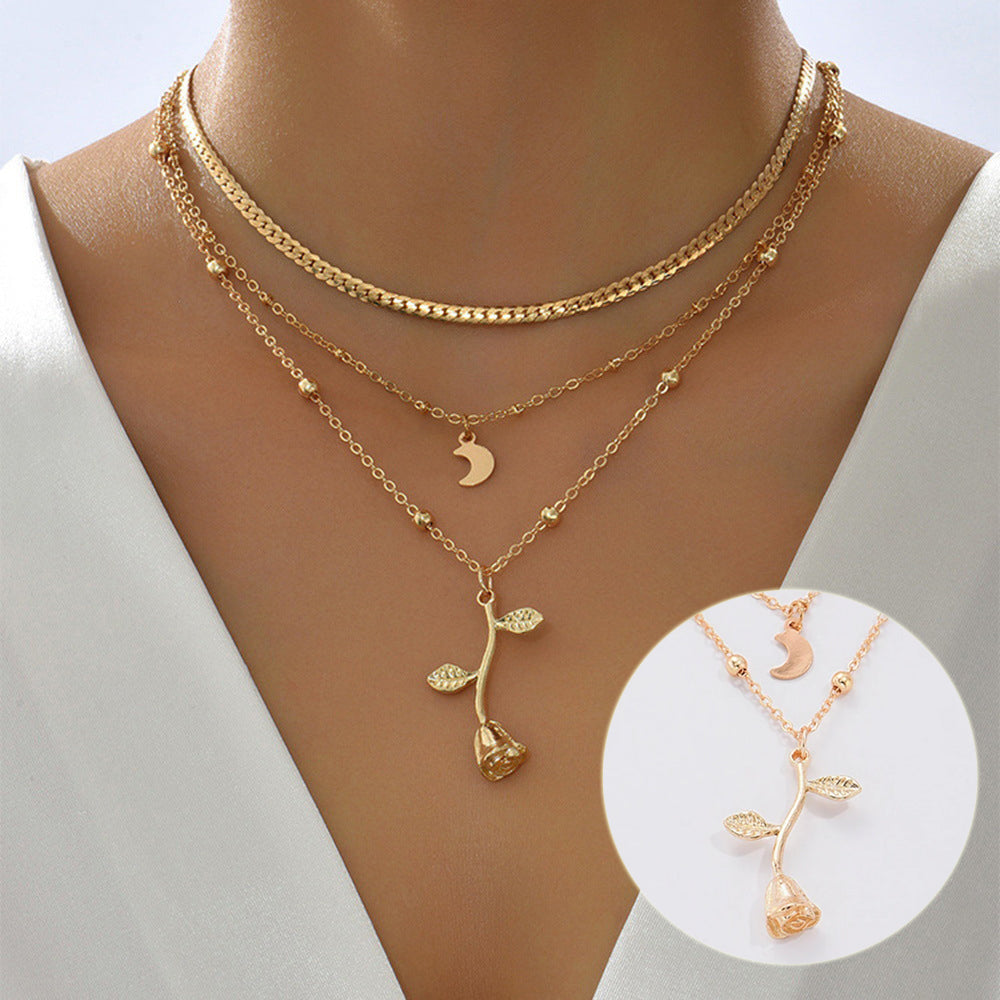 Boho Layered Moon and Rose Choker Necklace