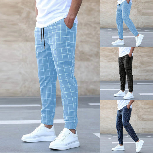 Men's Plaid Drawstring Straight Pants