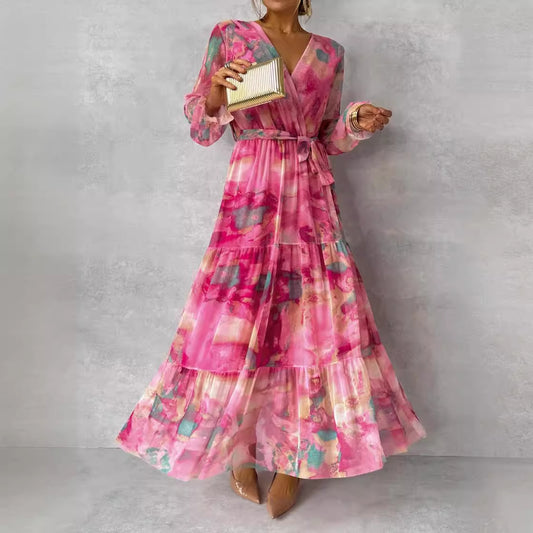 Women's Floral Chiffon V-Neck Long-Sleeve Maxi Dress