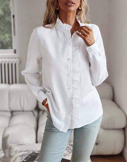 Women's Striped Ruffle Long-Sleeve Button-Up Blouse (photo 6)