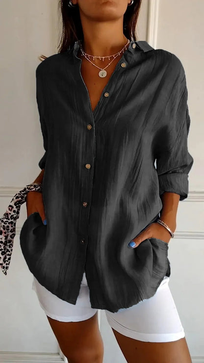 Women's Lapel Long-Sleeve Pleated Button-Front Shirt (photo 7)